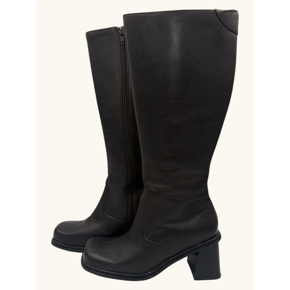 Vintage Allie 1264 Black Leather Knee High Boots Square Toe Block Heel 6.5M